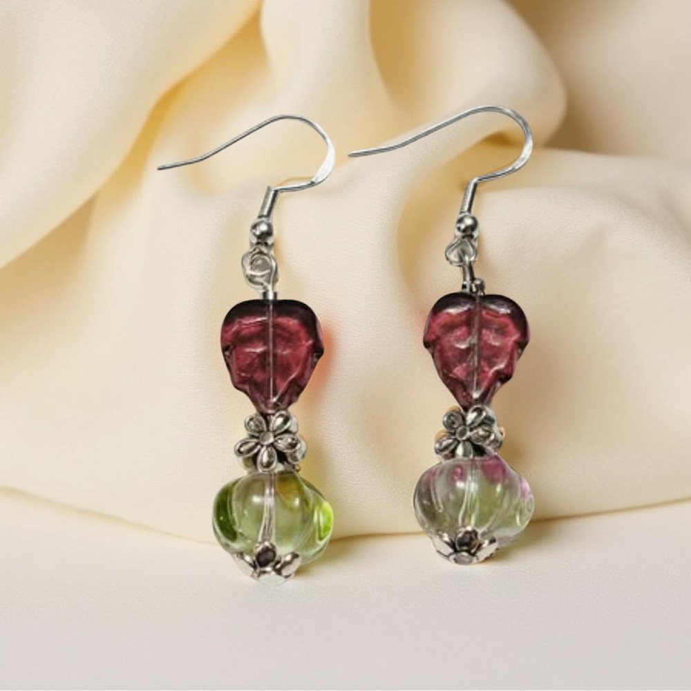 Boho Glass Leaf Earrings, Plum Leaf Mixed Glass Dangle, Artisan, Ships Free - Picture 7 of 11
